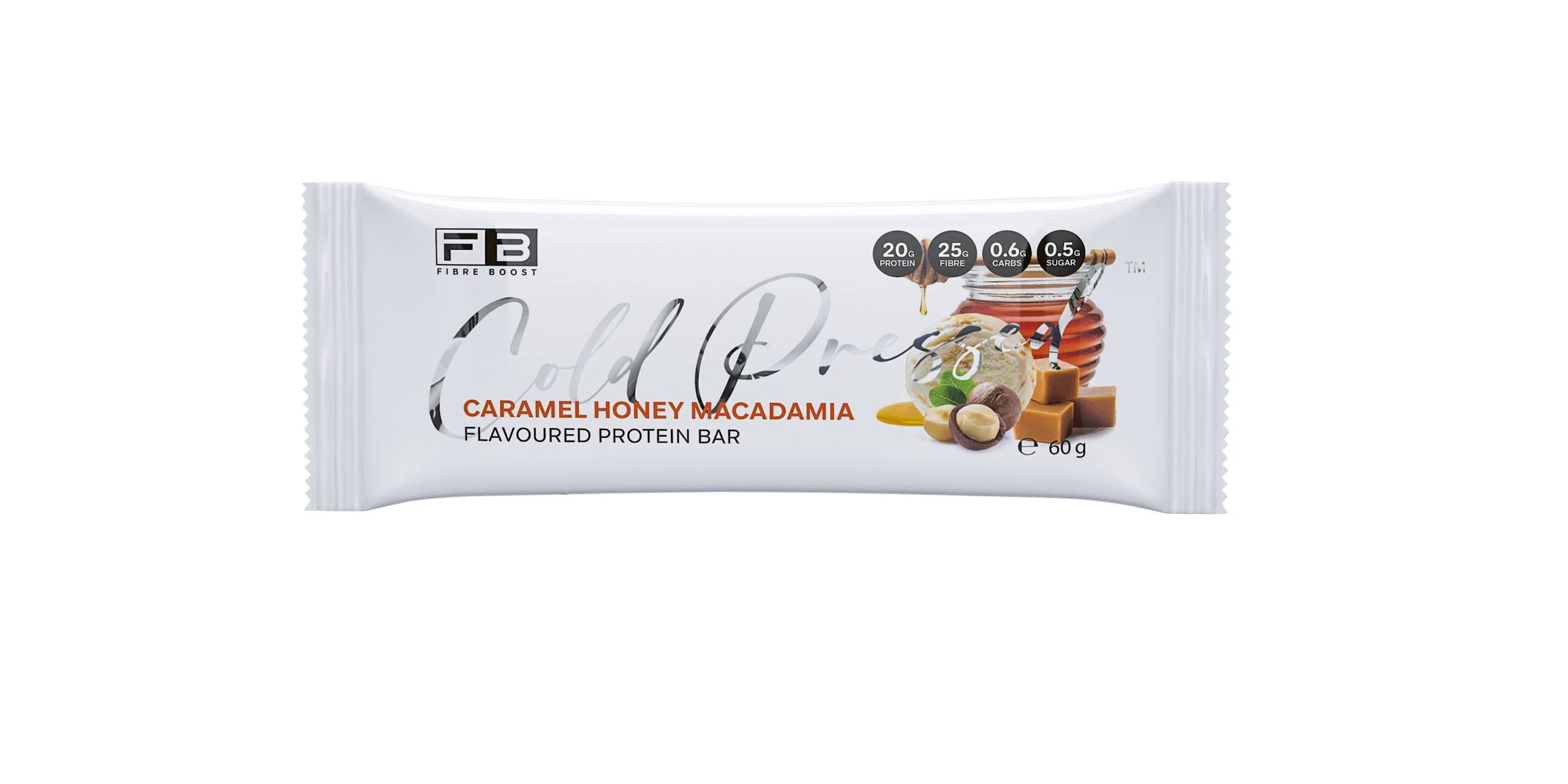 Fibre Boost Raw, Cold Pressed, Flavoured Protein Bar Caramel Honey Macadamia
