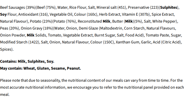 Core Powerfoods Unflavoured ingredients label