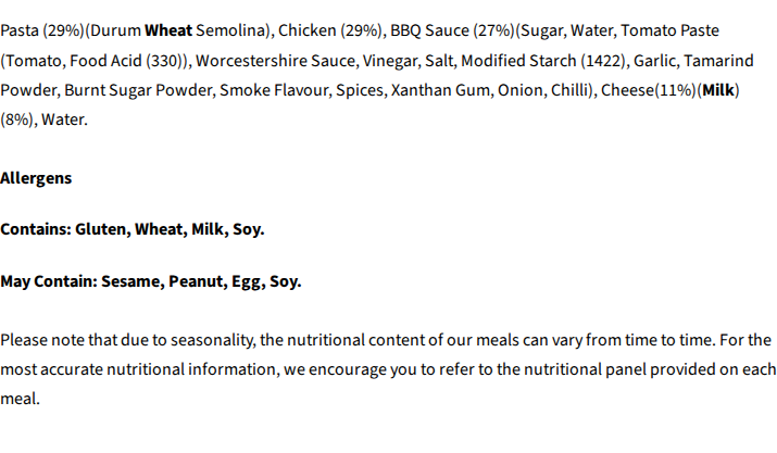 Core Powerfoods Unflavoured ingredients label