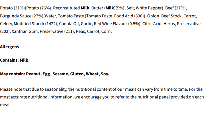 Core Powerfoods Unflavoured ingredients label