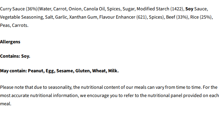 Core Powerfoods Unflavoured ingredients label
