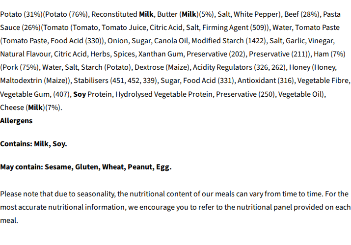 Core Powerfoods Unflavoured ingredients label