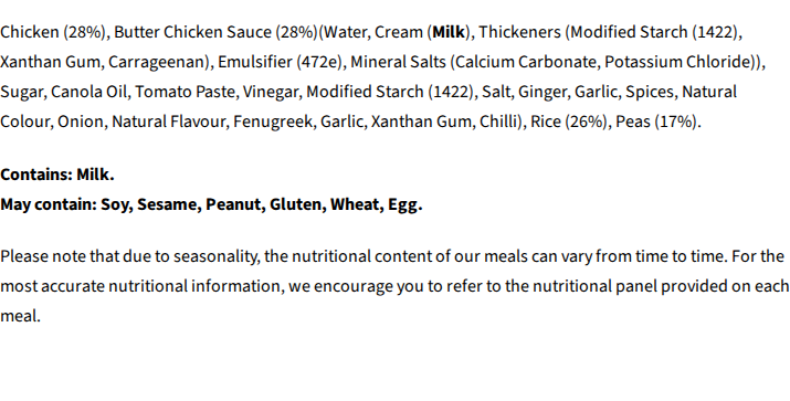 Core Powerfoods Unflavoured ingredients label