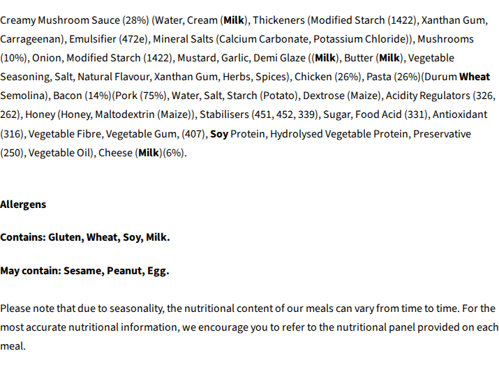 Core Powerfoods Unflavoured ingredients label