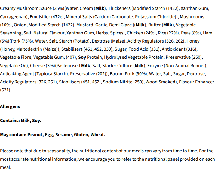 Core Powerfoods Unflavoured ingredients label