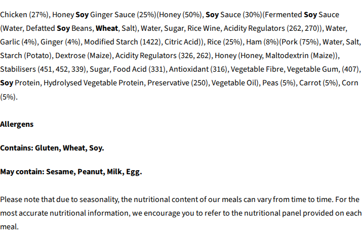 Core Powerfoods Unflavoured ingredients label