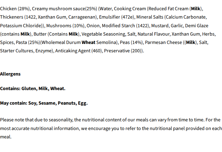 Core Powerfoods Unflavoured ingredients label