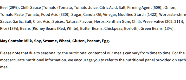Core Powerfoods Unflavoured ingredients label