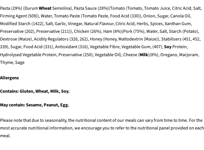 Core Powerfoods Unflavoured ingredients label