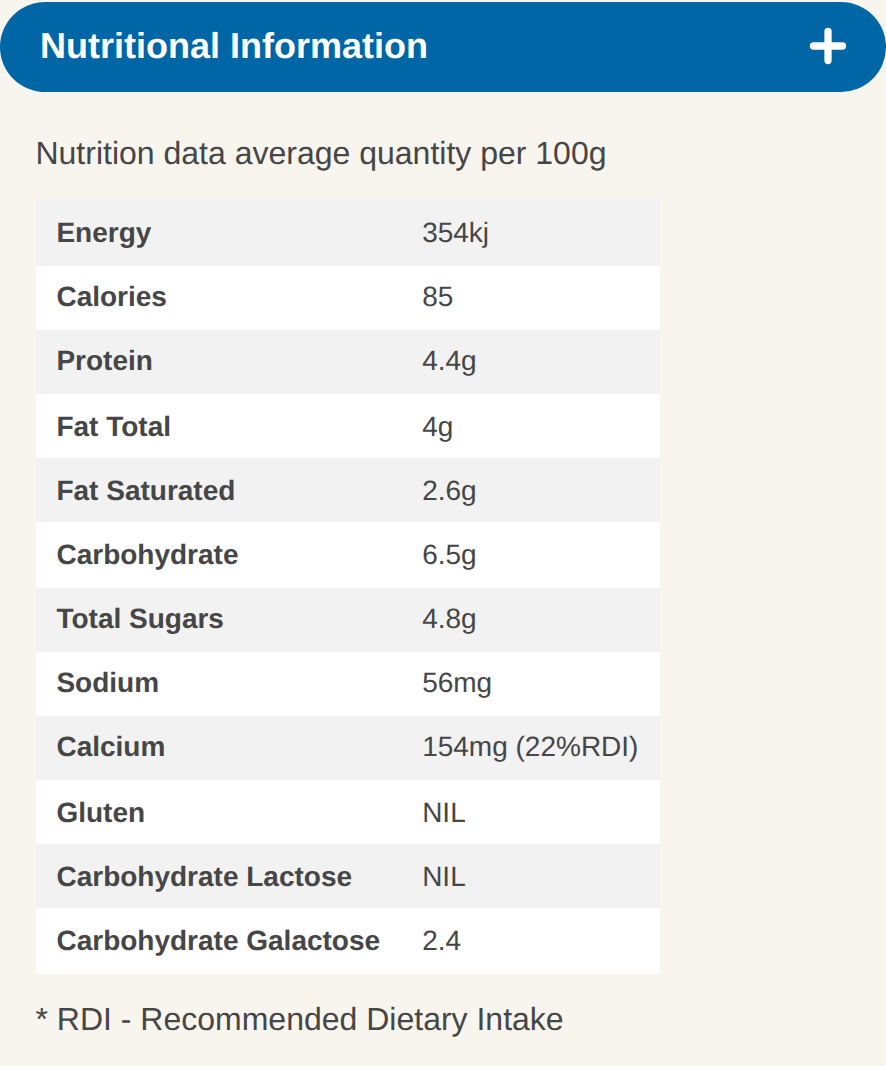 Kids Pouches nutrition panel, vanilla