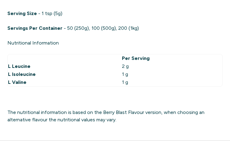 Essential BCAA 2:1:1 Powder nutrition panel, Berry Burst
