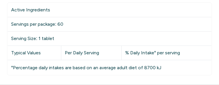 Hyaluronic Acid Tablets nutrition panel