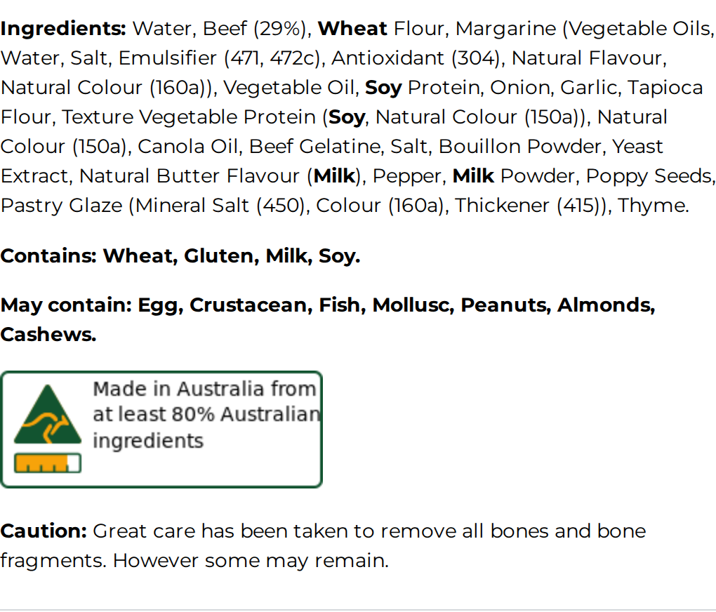 Aussie Beef Traveller Pie ingredients