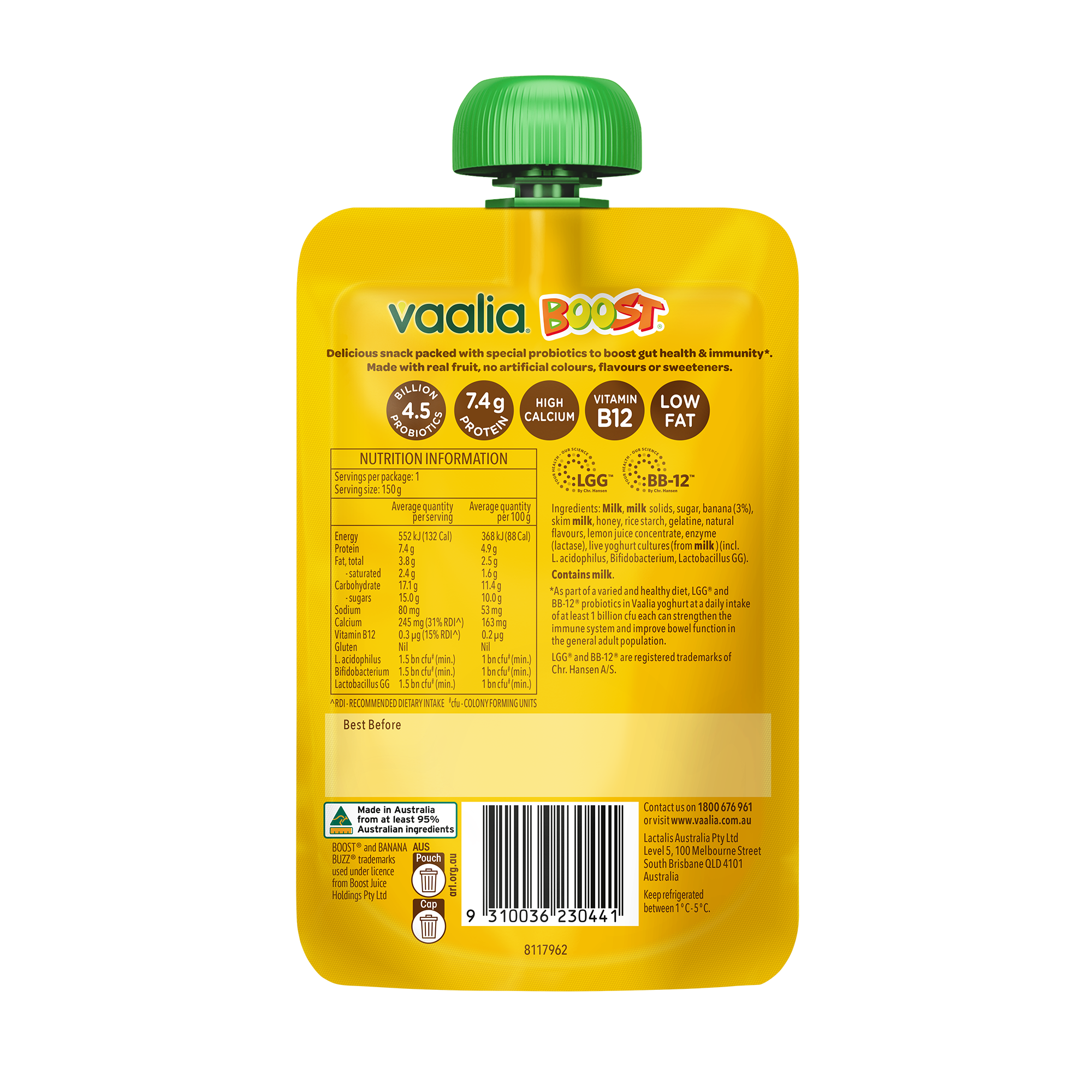 Boost Pouches nutrition & ingredients panel, Banana Buzz