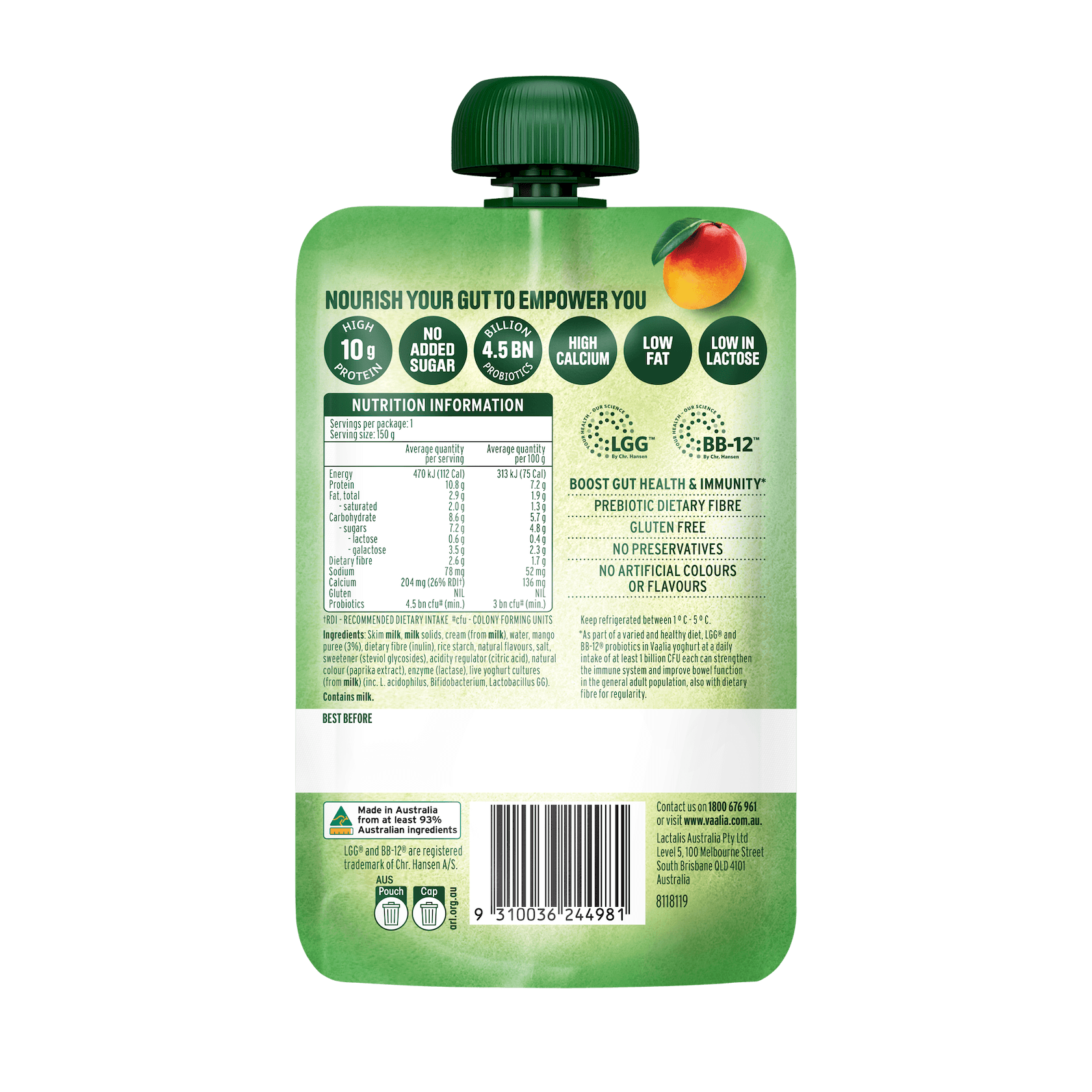 Probiotics + Protein Pouches nutrition & ingredients panel, Mango